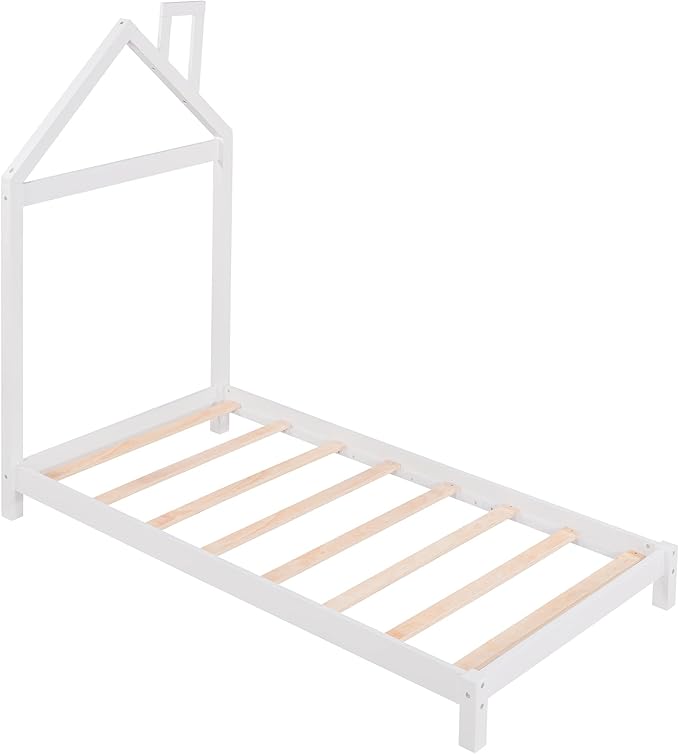 Twin Bed Frame/Kids Bed Frames with Headboard and Slats, Wood Platform Bed with House Shaped Headboard, Twin Size Bed for Kids, Boys, Girls, No Box Spring Needed(White) - LeafyLoom