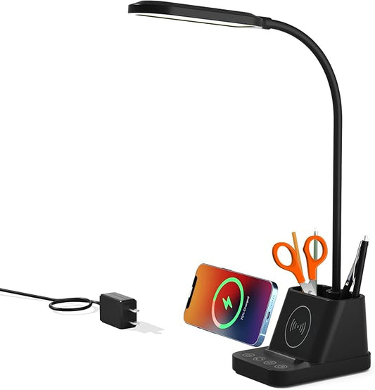 College Dorm Room Essentials Desk Lamp for Girls/Guys/Teens, Small Desk Lights with Wireless Charger, LED Black Reading Lamps for Home Office, Pen Holder, Kids Study Lamp with Storage - LeafyLoom