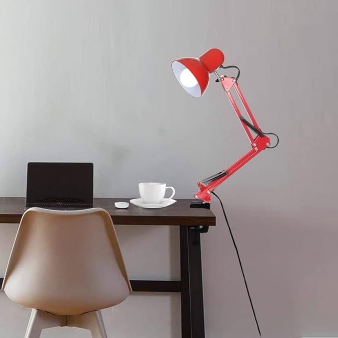 Led Desk Lamp with Clamp - Swing Arm Desk Lamp with 5 LED Cold Light Bulbs 6500K - Folding Table Lamp，Used for Office, Work, Study, Dormitory Reading and Eye Protection Desk Lamp (Red-5) - LeafyLoom