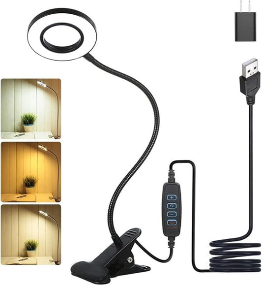 Desk Lamp with Clamp, Clip on Light, 48 LED USB Lamp with 3 Color Modes 10 Brightness Levels, 360° Flexible Gooseneck Eye Protection, Ring Light Bed Night Light for Reading With Adapter - LeafyLoom