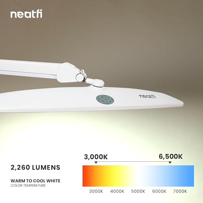 Neatfi Elite HD XL Task Lamp, 3 Adjustable Light Modes, 22 Inches Wide, 2260 Lumens, 84PCS SMD LED, Super Bright Desk Lamp, Non-Polar Dimming (CCT with Clamp, White, 22 Inches) - LeafyLoom