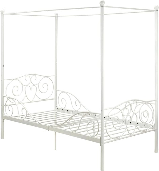 DHP Metal Canopy Kids Platform Bed with Four Poster Design, Scrollwork Headboard and Footboard, Underbed Storage Space, No Box Sring Needed, Twin, Pewter - LeafyLoom