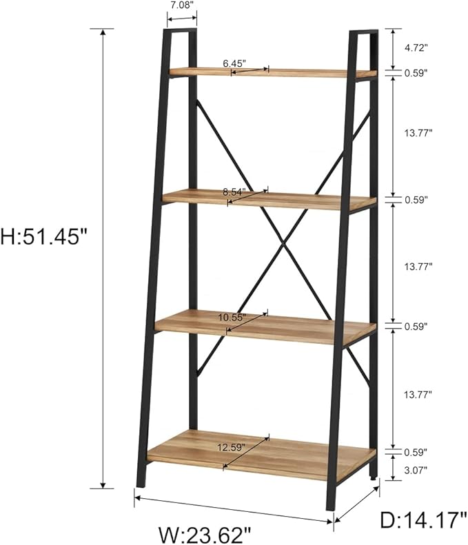 BON AUGURE Farmhouse Ladder Shelf Bookcase, 4 Tier Rustic Ladder Bookshelf, Standing Leaning Book Shelves for Living Room (Vintage Oak) - LeafyLoom