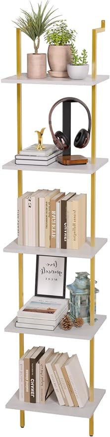 Nidouillet 5 Tier Ladder Shelf, 70-Inch Wall Mounted Bookshelf Metal Frame Storage Rack and Industrial Display Shelves for Living Room Bedroom Home Office - White - LeafyLoom