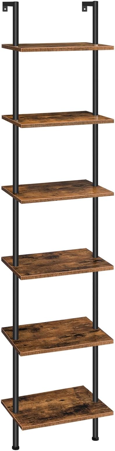 HOOBRO DIY Ladder Shelf, 6-Tier Wooden Wall Mounted Bookshelf, Narrow Bookcase, Display Shelf, Storage Rack, Plant Stand, for Living Room, Bedroom, Study, Balcony, Rustic Brown and Black BF651CJ01 - LeafyLoom