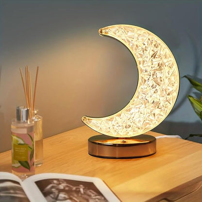 Cordless Moon Crystal Table Lamp,3-Color Touch Control, Rechargeable Battery - Ideal Bedside Lamp for Bedroom Nightstand (Gold Moon) - LeafyLoom