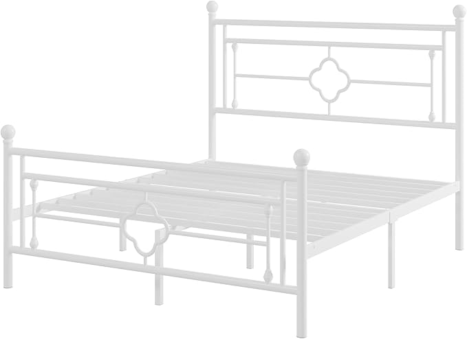 Allewie Full Size Metal Platform Bed Frame with Victorian Vintage Headboard and Footboard/Mattress Foundation/Under Bed Storage/No Box Spring Needed/Noise-Free/Easy Assembly, White - LeafyLoom