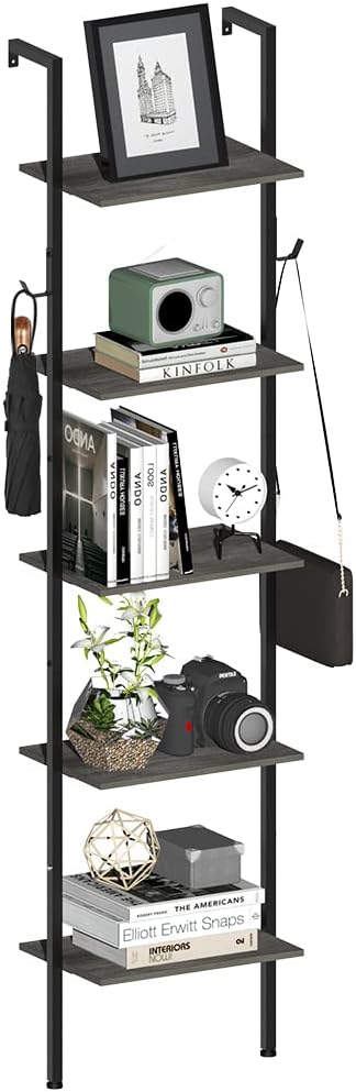 Retro Bookshelf Wall Mounted 5-Tiers Ladder Shelf Dark Grey Narrow Thin Bookshelf Farm House Open Display Storage Rack for Living Room Bedroom Home Office - LeafyLoom