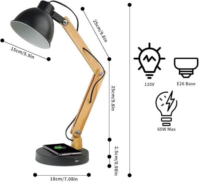 ELINKUME LED Desk Working Lamp with Charging(Wireless/USB-A/Typ-C),Wood Swing Arm Table Bedside Lamp, Black Metal Lampshade,Vintage Reading Light for Office,Study,Bedroom,Living Room(Excluding Bulb) - LeafyLoom