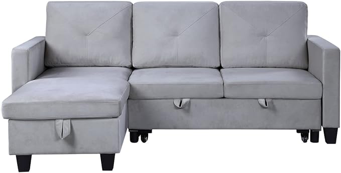 RITSU L Shaped Middle Century Velvet Sectional Sofa, with Storage Chaise Longue, Easy to Assemble, Pull Out Corner Couch w/Bed, Suitable for Living Room, Apartment, Light Gray, 82.5inch - LeafyLoom