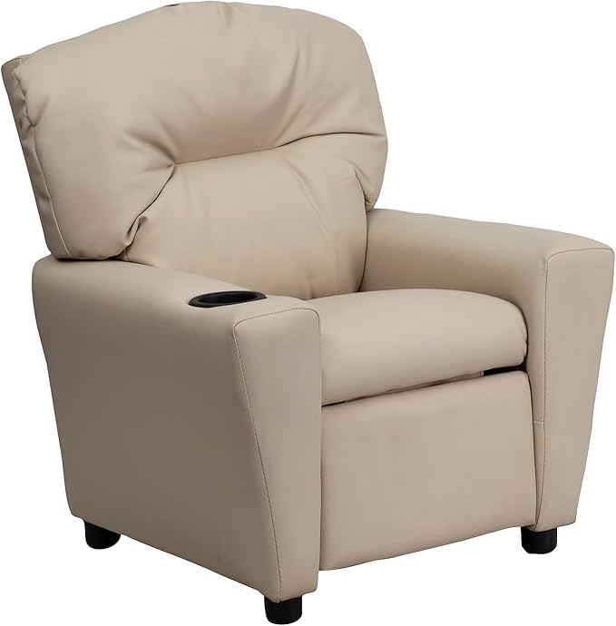 Flash Furniture Chandler Vinyl Kids Recliner with Cup Holder and Safety Recline, Contemporary Reclining Chair for Kids, Supports up to 90 lbs., Beige - LeafyLoom