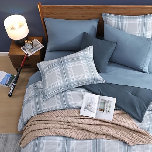 Blue Comforters Queen Size, Plaid Queen Bedding Sets for Boys & Girls,Classic Homestead-Style Bed in A Bag Queen with Sheets and Comforter Set (Light Blue,Queen,90"*90") - LeafyLoom