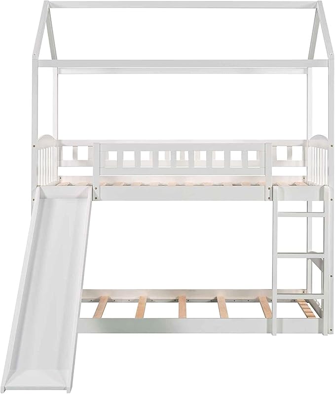 Twin Over Twin Bunk Bed with Slide for Kids Bedroom,Solid Pinewood Bedframe,House Bunkbeds w/Safety Guardrails & Roof Design,No Box Spring Needed, White - LeafyLoom