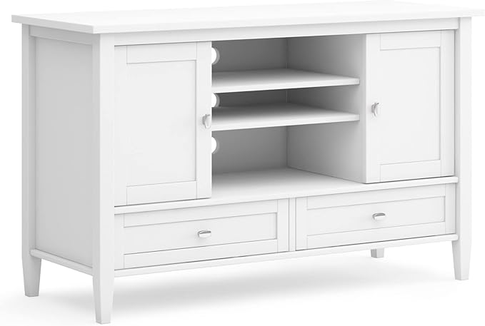 SIMPLIHOME Warm Shaker SOLID WOOD Universal TV Media Stand, 47 inch Wide, Transitional, Living Room Entertainment Center, Storage Cabinet, for Flat Screen TVs up to 55 inches in White - LeafyLoom