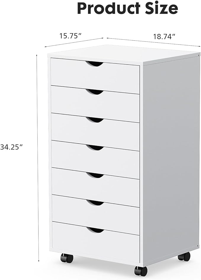 OLIXIS 7 Drawer Chest Wood File Cabinet Rolling Organization Storage Dresser with Wheels for Home Office, 15.75" D x 18.74" W x 34.25" H, White - LeafyLoom