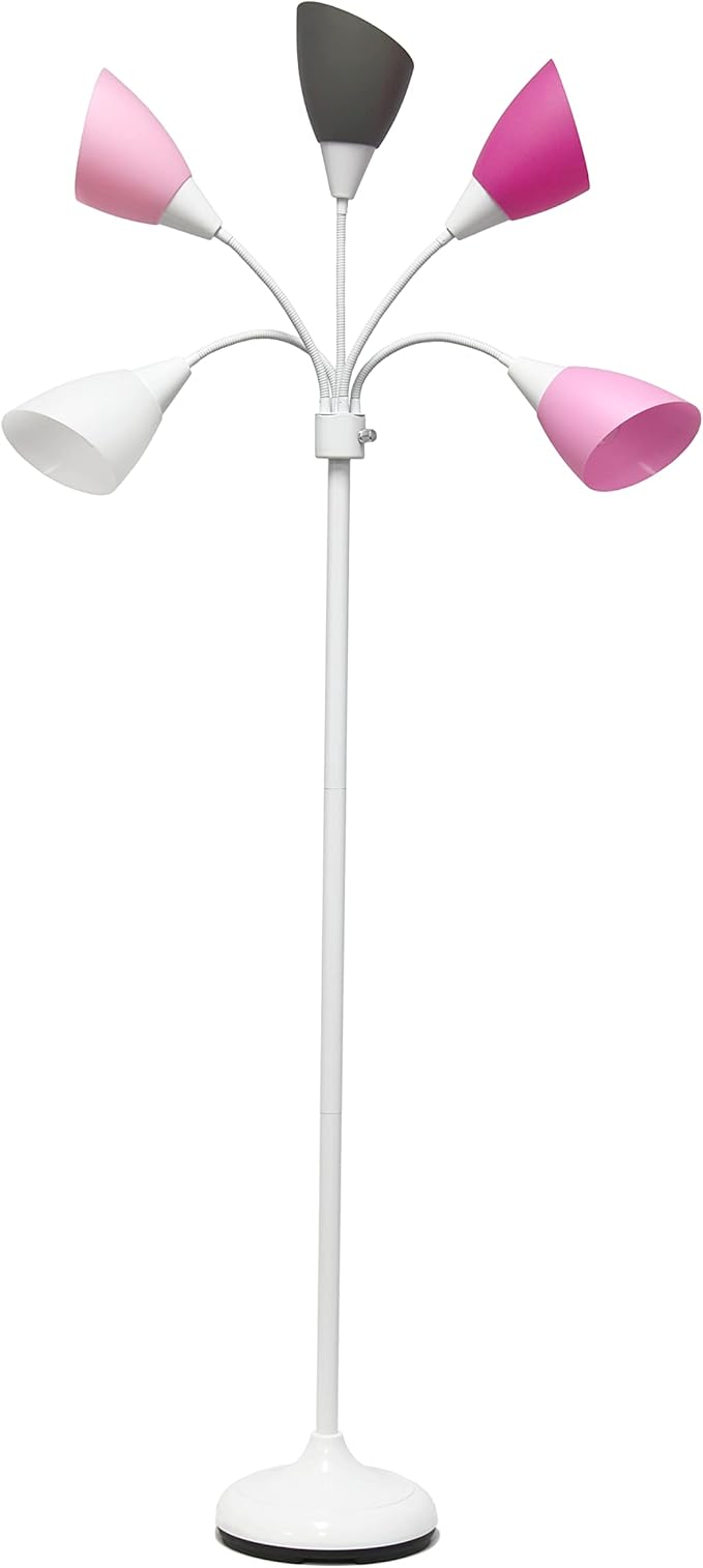 Simple Designs LF2006-WPG 67" Contemporary Multi Head Medusa 5 Light Adjustable Gooseneck White Floor Lamp with Pink, White, Gray Shades for Kids Bedroom Playroom Living Room Office, 30 x 10 x 67 - LeafyLoom