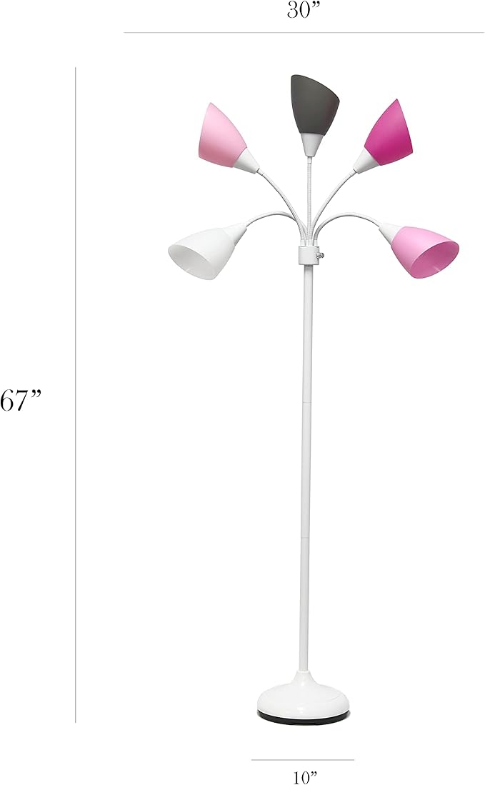 Simple Designs LF2006-WPG 67" Contemporary Multi Head Medusa 5 Light Adjustable Gooseneck White Floor Lamp with Pink, White, Gray Shades for Kids Bedroom Playroom Living Room Office, 30 x 10 x 67 - LeafyLoom