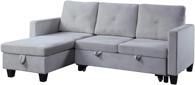 RITSU L Shaped Middle Century Velvet Sectional Sofa, with Storage Chaise Longue, Easy to Assemble, Pull Out Corner Couch w/Bed, Suitable for Living Room, Apartment, Light Gray, 82.5inch - LeafyLoom