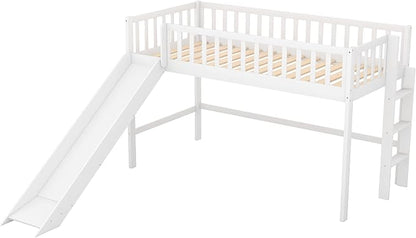 Merax Twin Size Junior Wood Loft Bed with Slide Loft Bunk Bed for Girls Boys,No Box Spring Needed,White - LeafyLoom