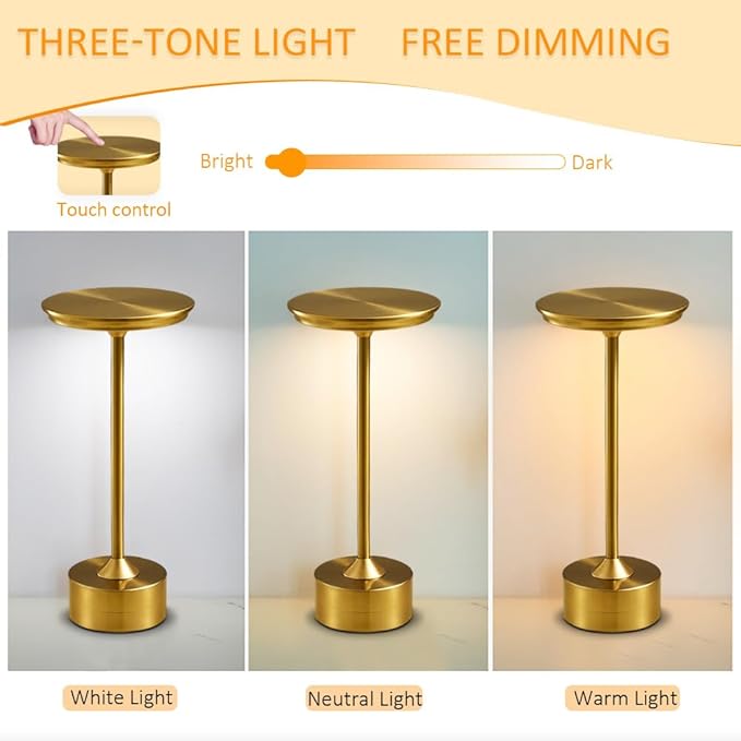 Cordless Metal Desk Lamp, Touch Sensor Control LED Table Lamp,3 Color Stepless Dimmable Battery Powered Lamp,Night Light for Kids Nursery,Bedroom/Desk/Cafe (Gold) - LeafyLoom