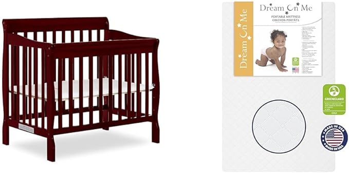 Aden 4-in-1 Convertible Mini Crib in Cherry, Greenguard Gold Certified & Sunset 3” Extra Firm Fiber Crib Mattress, Greenguard Gold Certified - LeafyLoom