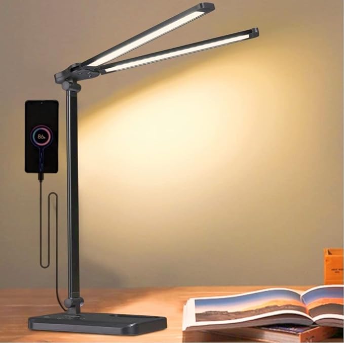 GERINTECH Dual Shade LED Desk Lamp with USB Charging Port & Pen Holder, Bright Table Lamp with Auto Shut-off Timer, 10 Adjustable Brightness, 5 Color Modes (Black) - LeafyLoom