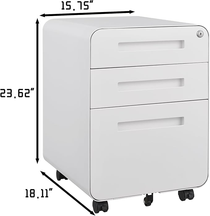 3 Drawer Mobile Desk Office with Lock and Wheels,Versatile Storage Cabinets w/Anti-Tilting Cold Rolled Steel Waterproof Moisture-Proof,for Legal/Letter/A4 Files,White - LeafyLoom