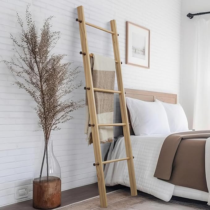 5 Ft Wooden Blanket Ladder Farmhouse - Quilt Ladder for Bedroom - Wood Ladder Decor - Decorative Ladder for Blankets - Easy to Assemble - Farmhouse Ladder Blanket Holder - Wooden Ladder for Blankets - LeafyLoom