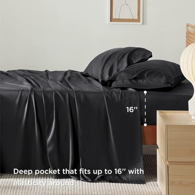 Bedsure Full Size Sheets, Cooling Sheets Full, Rayon Derived from Bamboo, Deep Pocket Up to 16", Breathable & Soft Bed Sheets, Hotel Luxury Silky Bedding Sheets & Pillowcases, Black - LeafyLoom