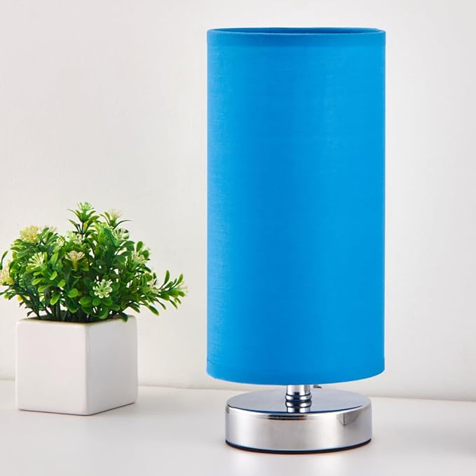 Table Lamp, Bedside Nightstand Lamp, Simple Desk Lamp, Cylinder Table Lamp for Bedroom Living Room Office Study, Blue Shade and Silver Base - LeafyLoom