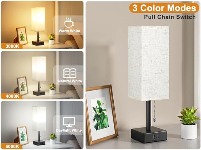 Bedside Table Lamp with 3 Color Temperatures - 3000/4000/5000K Small Lamp with USB C+A Ports, Nightstand Lamp with 3 Color Modes by Pull Chain, Bedroom Lamp for Living Read Work(LED Bulb Included) - LeafyLoom