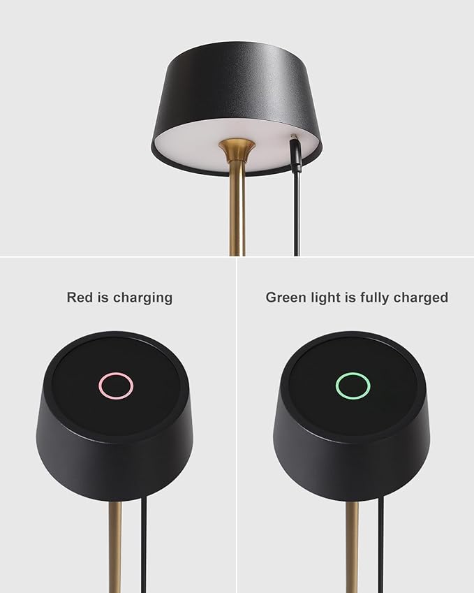 DAWALIGHT Cordless Lamp 4000mAh Rechargeable tbale lamp LED Desk Lamp Tempered Glass Stepless Dimming Black and Gold Battery Operated Portable Cordless 2700K Gold Base - LeafyLoom