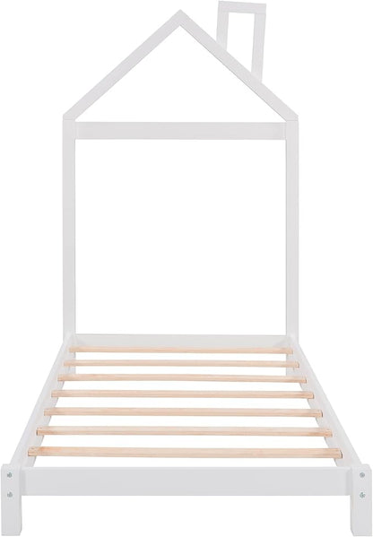 Twin Bed Frame/Kids Bed Frames with Headboard and Slats, Wood Platform Bed with House Shaped Headboard, Twin Size Bed for Kids, Boys, Girls, No Box Spring Needed(White) - LeafyLoom