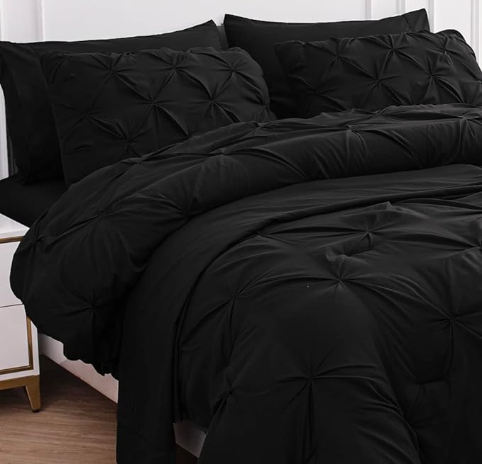 LANE LINEN California King Comforter Set, 7 Piece Cal King Bed in a Bag, Pintuck Cal King Bedding Set, Soft Cali King Bed Set, Cal King Bedding Comforter Sets with Sheets, Pillowcases & Shams - Black - LeafyLoom