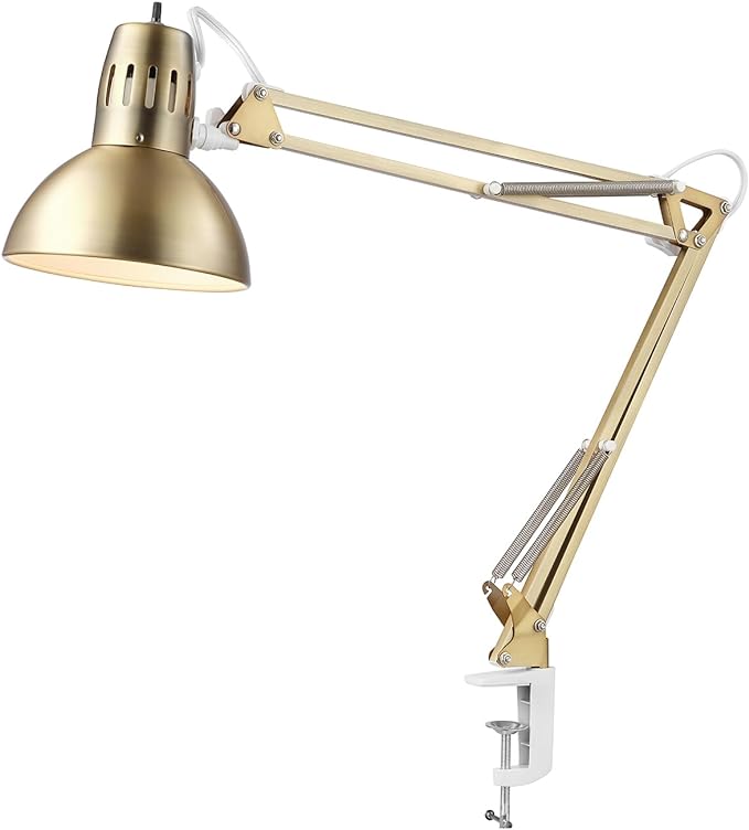 Globe Electric 62000010 32" Multi-Joint Desk Lamp with Metal Clamp, Matte Brass, White Accents, On/Off Rotary Switch on Shade, Partially Adjustable Swing Arm, Home Décor, Office Accessory - LeafyLoom