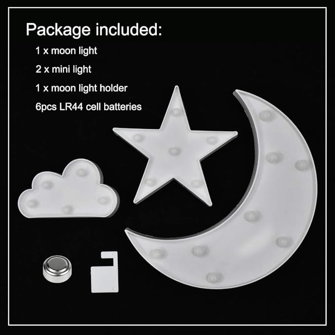 GUOCHENG Lovely White Moon Star Cloud Light Set Battery Operated LED Marquee Light Sign Warm White Bedside Lamps for Kids Children Bedroom Nursery, Baby Standing Night Light - LeafyLoom