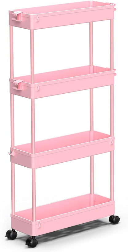 SPACEKEEPER Slim Rolling Storage Cart 4 Tier Bathroom Organizer Utility Cart Mobile Shelving Unit Tower Rack for Kitchen, Laundry Room, Bathroom, Narrow Places, Pink - LeafyLoom