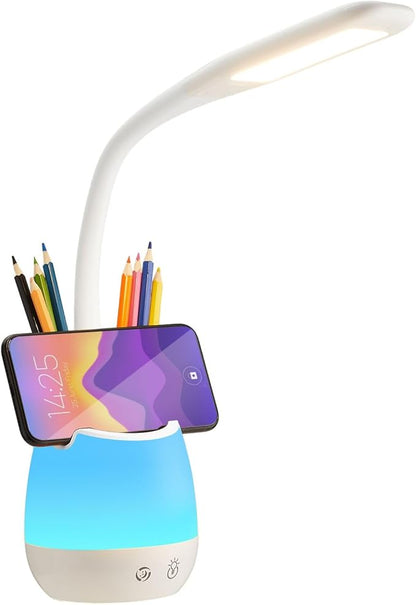 Donewin Rechargeable LED Desk Lamp with Color Changing Light, Pen and Phone Holder - Perfect Study and Reading Lamp for Kids, Teens, and Students - Great Gift for College Dorm Rooms - LeafyLoom