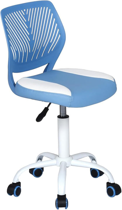 FurnitureR Desk Chair Small Study Chairs Armless for Child Kids Teens, Swivel Rolling Lightweight Task Chair with Wheels and Pu Leather Padded Cushion, Blue/White - LeafyLoom