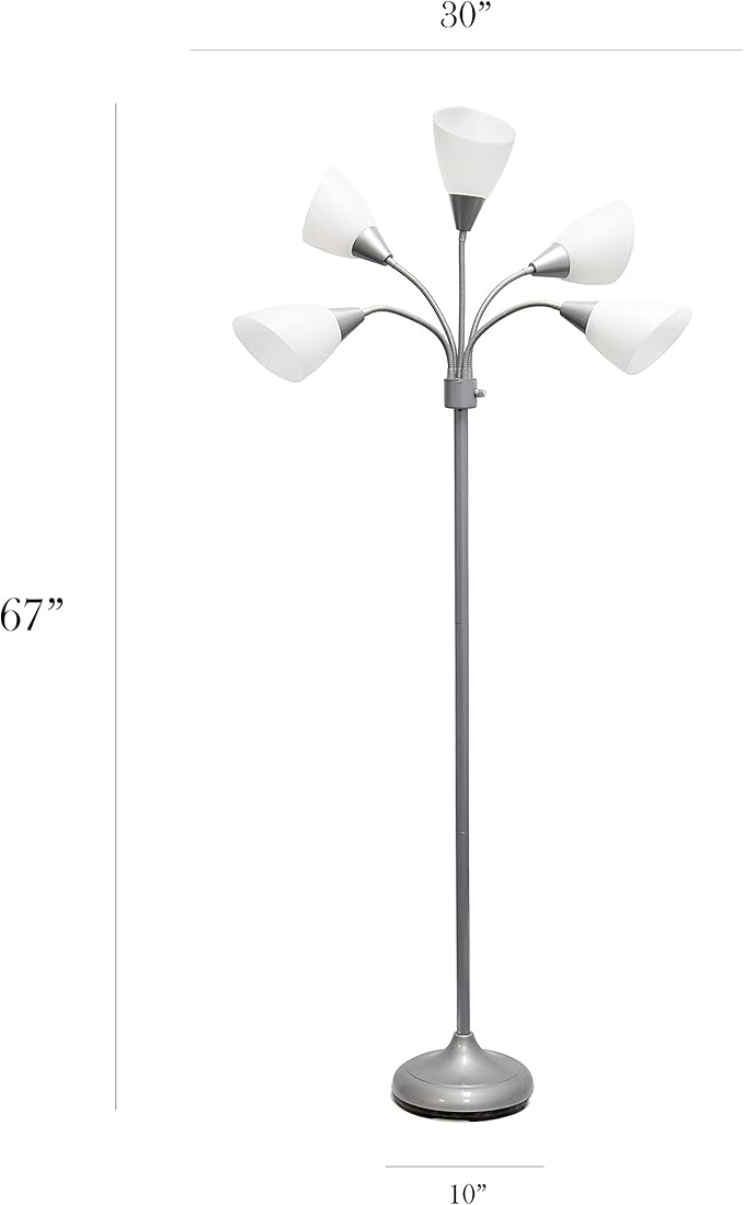 Simple Designs LF2006-SVW 67" Contemporary Multi Head Medusa 5 Light Adjustable Gooseneck Silver Floor Lamp with White Shades for Kids Bedroom Playroom Living Room Office - LeafyLoom