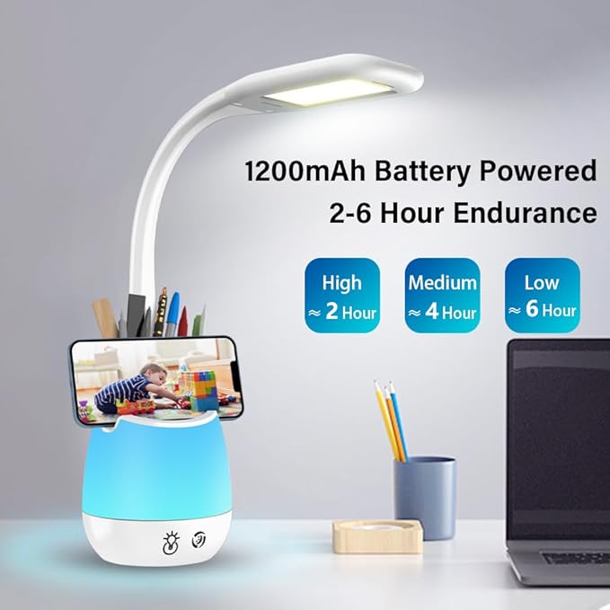 Donewin Rechargeable LED Desk Lamp with Color Changing Light, Pen and Phone Holder - Perfect Study and Reading Lamp for Kids, Teens, and Students - Great Gift for College Dorm Rooms - LeafyLoom