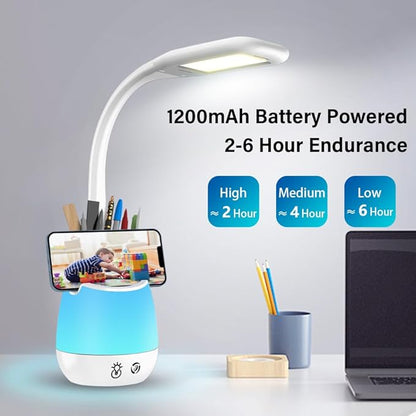 Donewin Rechargeable LED Desk Lamp with Color Changing Light, Pen and Phone Holder - Perfect Study and Reading Lamp for Kids, Teens, and Students - Great Gift for College Dorm Rooms - LeafyLoom