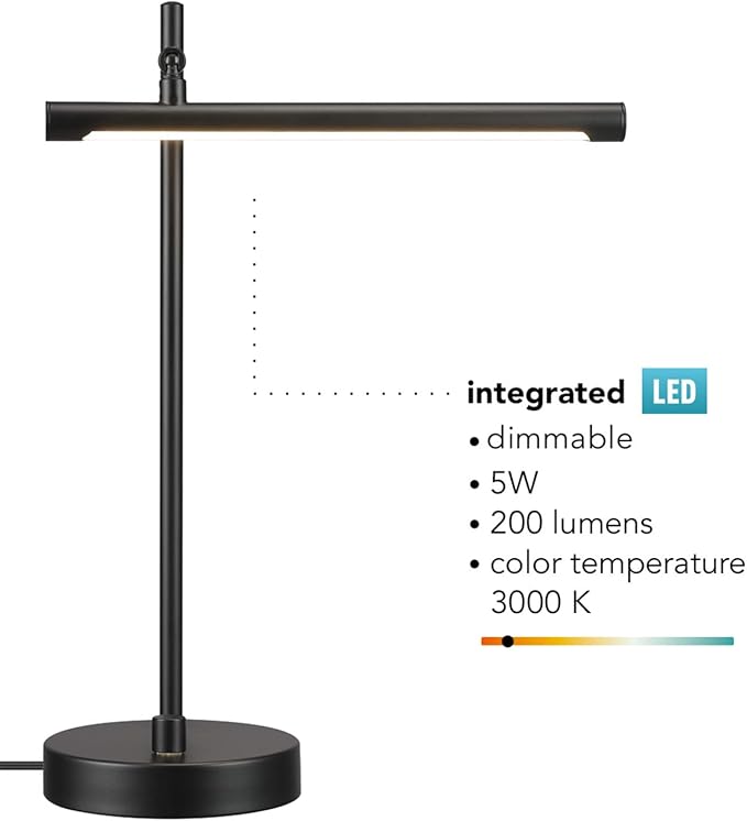 Globe Electric 62000004 15" 5 W LED Integrated Desk Lamp, Matte Black, Push Button Dimmer Rotary Switch, 200 lumens, 3000K, Pivot Joint, LED Desk Light, Adjustable Lamp, Desk Lamp for Home Office - LeafyLoom