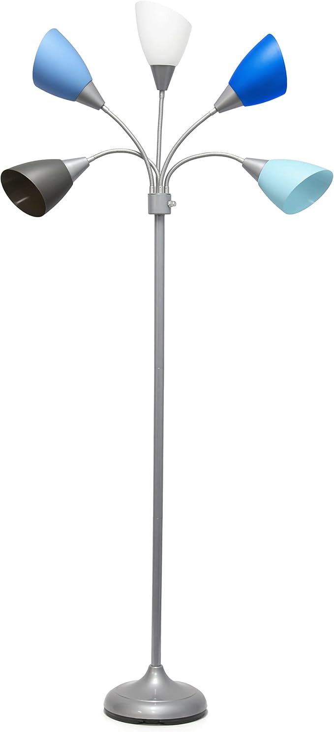 Simple Designs LF2006-SBG 67" Contemporary Multi Head Medusa 5 Light Adjustable Gooseneck Silver Floor Lamp with Blue, White, Gray Shades for Kids Bedroom Playroom Living Room Office - LeafyLoom