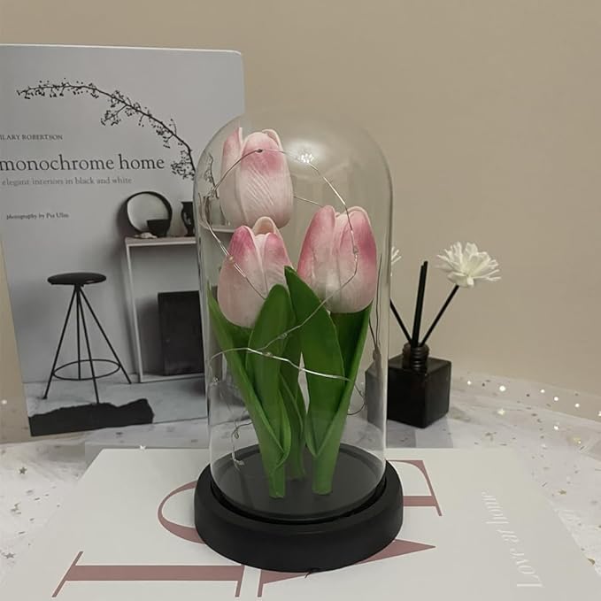 LED Tulip Lamp Artificial Flower Night Light Handmade Light up Tulips in Glass Dome Table Lamp Ornaments Desktop Decor - Battery Operated (Pink-Colour light) - LeafyLoom