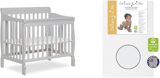 Aden 4-in-1 Convertible Mini Crib in Grey, Greenguard Gold Certified & Sunset 3” Extra Firm Fiber Crib Mattress, Greenguard Gold Certified, Waterproof Vinyl Cover, Baby Mattresses - LeafyLoom