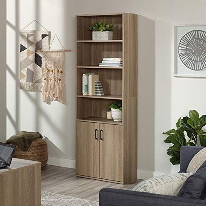 Sauder Beginnings Bookcase with Doors, L: 24.65" x W: 11.65" x H: 71.14", Summer Oak Finish & Beginnings Desk, L: 40.39" x W: 17.48" x H: 28.82", Summer Oak Finish - LeafyLoom