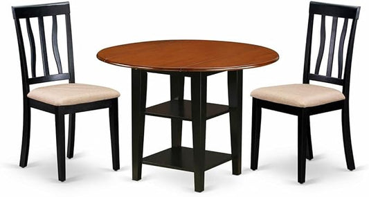 East West Furniture SUAN3-BCH-C 3 Piece Dining Room Table Set Contains a Round Kitchen Table with Dropleaf & Shelves and 2 Linen Fabric Upholstered Chairs, 42x42 Inch, Black & Cherry - LeafyLoom