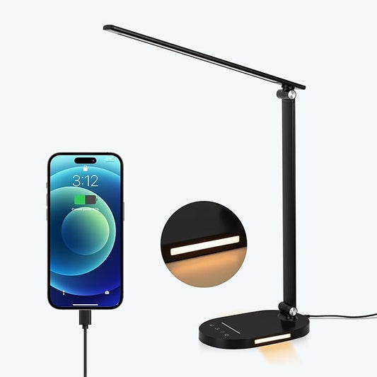 Led Desk Lamp, 3 Light Modes Table Lamp, Dimmable Reading Light For Bedroom with USB Port, Office Desk Lamp with Night Light, Auto-Off Timer Book Lights for College Dorm, Home, Office, Memory Function - LeafyLoom