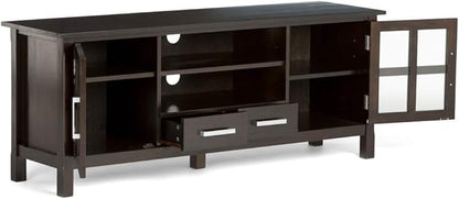 SIMPLIHOME Kitchener SOLID WOOD Universal TV Media Stand, 60 inch Wide, Contemporary, Living Room Entertainment Center, Storage Cabinet, for Flat Screen TVs up to 70 inches in Hickory Brown - LeafyLoom